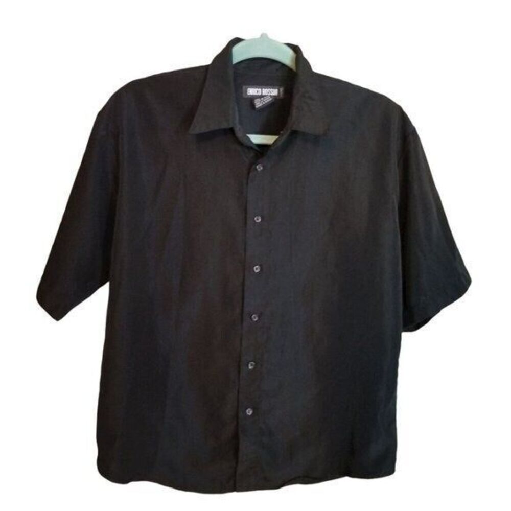 Enrico Rossini Mens Sz L Black Solid Short Sleeve Button Down Shirt